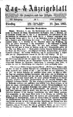 Tag- und Anzeigeblatt für Kempten und das Allgäu Dienstag 10. Januar 1865