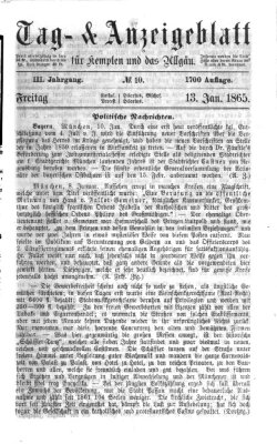 Tag- und Anzeigeblatt für Kempten und das Allgäu Freitag 13. Januar 1865