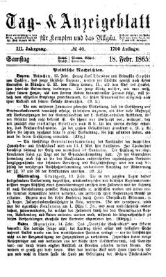 Tag- und Anzeigeblatt für Kempten und das Allgäu Samstag 18. Februar 1865