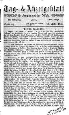 Tag- und Anzeigeblatt für Kempten und das Allgäu Sonntag 26. Februar 1865