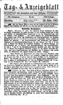 Tag- und Anzeigeblatt für Kempten und das Allgäu Dienstag 28. Februar 1865