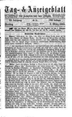 Tag- und Anzeigeblatt für Kempten und das Allgäu Freitag 3. März 1865