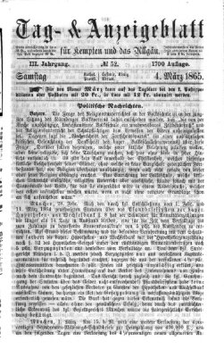 Tag- und Anzeigeblatt für Kempten und das Allgäu Samstag 4. März 1865