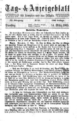 Tag- und Anzeigeblatt für Kempten und das Allgäu Dienstag 14. März 1865