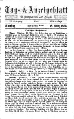 Tag- und Anzeigeblatt für Kempten und das Allgäu Samstag 18. März 1865