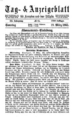 Tag- und Anzeigeblatt für Kempten und das Allgäu Sonntag 19. März 1865