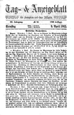 Tag- und Anzeigeblatt für Kempten und das Allgäu Samstag 8. April 1865