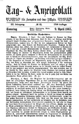 Tag- und Anzeigeblatt für Kempten und das Allgäu Sonntag 9. April 1865