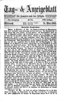 Tag- und Anzeigeblatt für Kempten und das Allgäu Mittwoch 31. Mai 1865