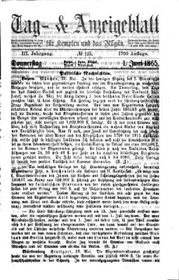 Tag- und Anzeigeblatt für Kempten und das Allgäu Donnerstag 1. Juni 1865