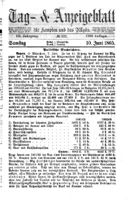 Tag- und Anzeigeblatt für Kempten und das Allgäu Samstag 10. Juni 1865