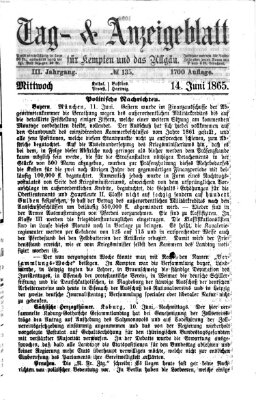 Tag- und Anzeigeblatt für Kempten und das Allgäu Mittwoch 14. Juni 1865