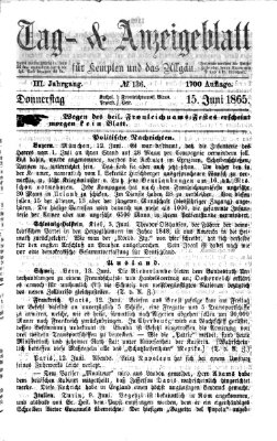 Tag- und Anzeigeblatt für Kempten und das Allgäu Donnerstag 15. Juni 1865