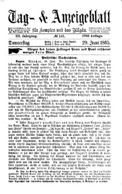 Tag- und Anzeigeblatt für Kempten und das Allgäu Donnerstag 29. Juni 1865