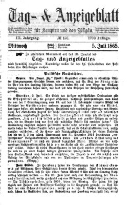 Tag- und Anzeigeblatt für Kempten und das Allgäu Mittwoch 5. Juli 1865