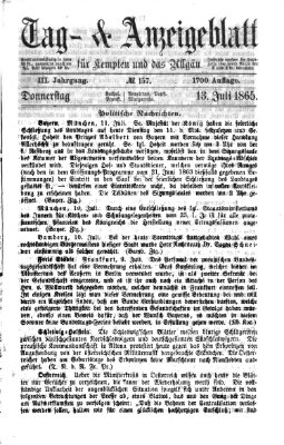 Tag- und Anzeigeblatt für Kempten und das Allgäu Donnerstag 13. Juli 1865