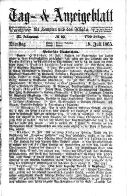 Tag- und Anzeigeblatt für Kempten und das Allgäu Dienstag 18. Juli 1865