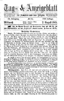 Tag- und Anzeigeblatt für Kempten und das Allgäu Mittwoch 2. August 1865