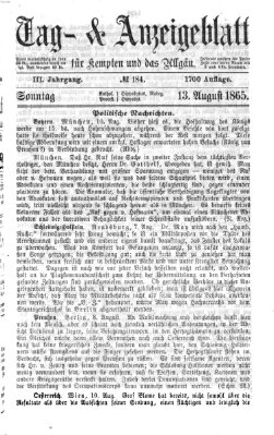 Tag- und Anzeigeblatt für Kempten und das Allgäu Sonntag 13. August 1865