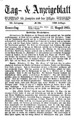 Tag- und Anzeigeblatt für Kempten und das Allgäu Donnerstag 17. August 1865