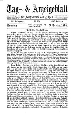 Tag- und Anzeigeblatt für Kempten und das Allgäu Sonntag 3. September 1865