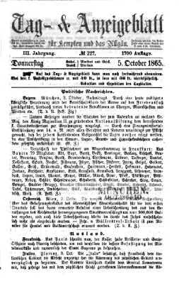 Tag- und Anzeigeblatt für Kempten und das Allgäu Donnerstag 5. Oktober 1865