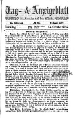 Tag- und Anzeigeblatt für Kempten und das Allgäu Samstag 14. Oktober 1865