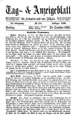 Tag- und Anzeigeblatt für Kempten und das Allgäu Freitag 20. Oktober 1865