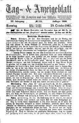 Tag- und Anzeigeblatt für Kempten und das Allgäu Sonntag 29. Oktober 1865