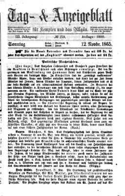 Tag- und Anzeigeblatt für Kempten und das Allgäu Sonntag 12. November 1865