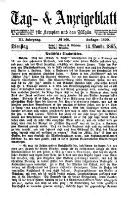 Tag- und Anzeigeblatt für Kempten und das Allgäu Dienstag 14. November 1865