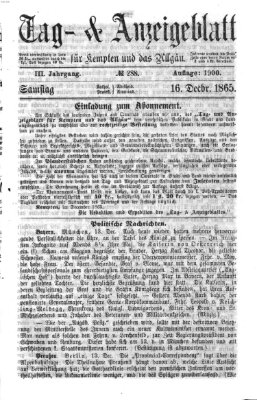 Tag- und Anzeigeblatt für Kempten und das Allgäu Samstag 16. Dezember 1865