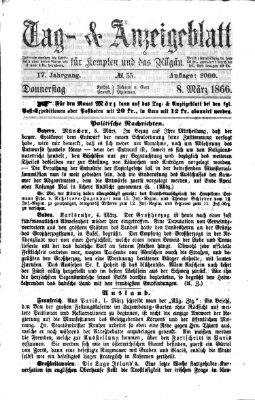 Tag- und Anzeigeblatt für Kempten und das Allgäu Donnerstag 8. März 1866