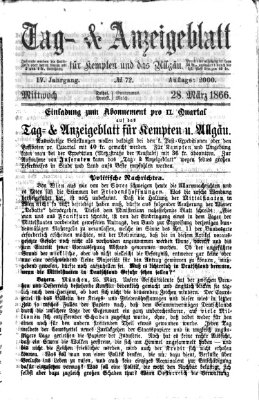 Tag- und Anzeigeblatt für Kempten und das Allgäu Mittwoch 28. März 1866