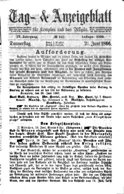 Tag- und Anzeigeblatt für Kempten und das Allgäu Donnerstag 21. Juni 1866