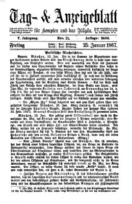 Tag- und Anzeigeblatt für Kempten und das Allgäu Freitag 25. Januar 1867