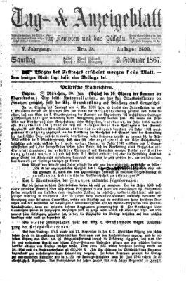 Tag- und Anzeigeblatt für Kempten und das Allgäu Samstag 2. Februar 1867