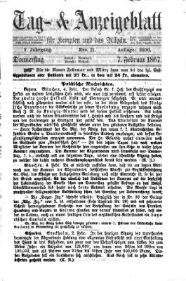 Tag- und Anzeigeblatt für Kempten und das Allgäu Donnerstag 7. Februar 1867