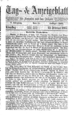 Tag- und Anzeigeblatt für Kempten und das Allgäu Dienstag 12. Februar 1867