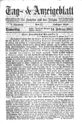 Tag- und Anzeigeblatt für Kempten und das Allgäu Donnerstag 14. Februar 1867