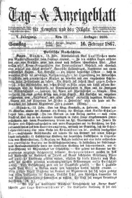 Tag- und Anzeigeblatt für Kempten und das Allgäu Samstag 16. Februar 1867