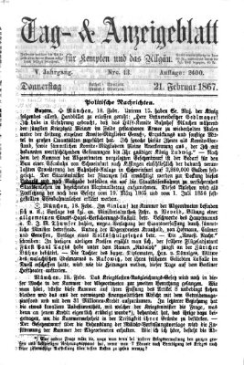 Tag- und Anzeigeblatt für Kempten und das Allgäu Donnerstag 21. Februar 1867