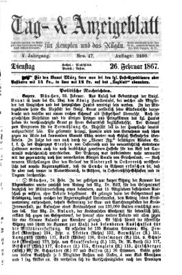 Tag- und Anzeigeblatt für Kempten und das Allgäu Dienstag 26. Februar 1867