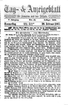 Tag- und Anzeigeblatt für Kempten und das Allgäu Donnerstag 28. Februar 1867