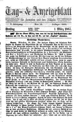 Tag- und Anzeigeblatt für Kempten und das Allgäu Freitag 1. März 1867