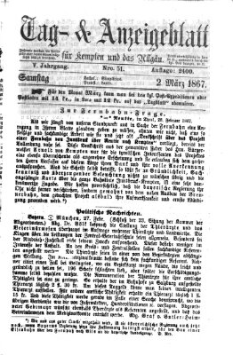 Tag- und Anzeigeblatt für Kempten und das Allgäu Samstag 2. März 1867