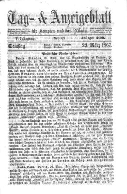 Tag- und Anzeigeblatt für Kempten und das Allgäu Samstag 23. März 1867