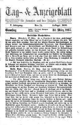 Tag- und Anzeigeblatt für Kempten und das Allgäu Samstag 30. März 1867