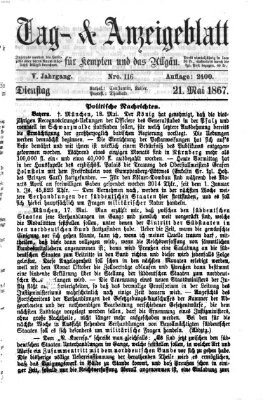 Tag- und Anzeigeblatt für Kempten und das Allgäu Dienstag 21. Mai 1867