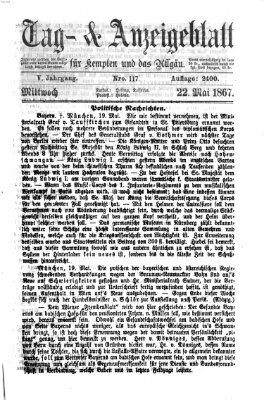 Tag- und Anzeigeblatt für Kempten und das Allgäu Mittwoch 22. Mai 1867